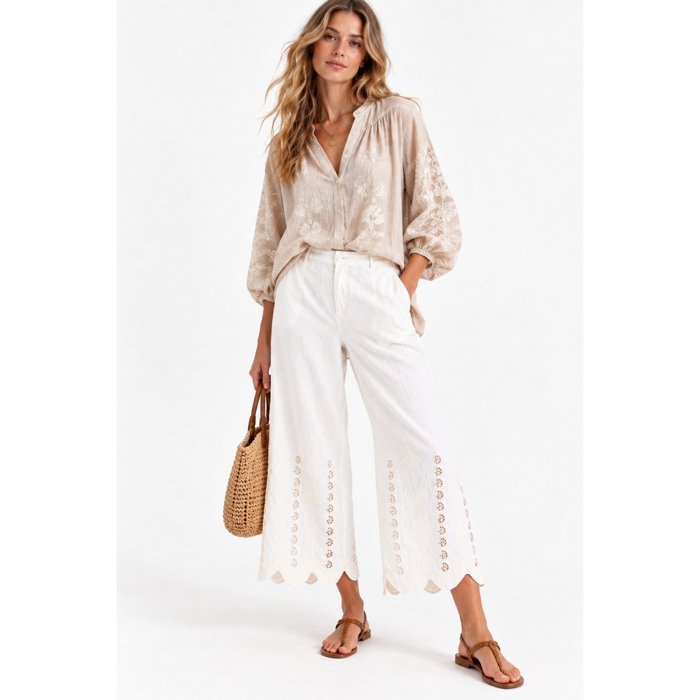 Johnny Was Jade Ivory White Linen Wide Leg Eyelet Cropped Scalloped Hem Pants L